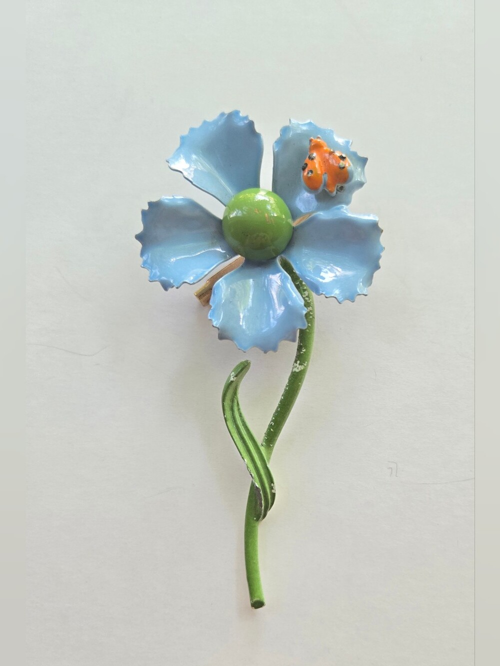 Vintage Mid Century Metal Enamel Flower Brooch w/ Stem & Orange Bug Blue Petals